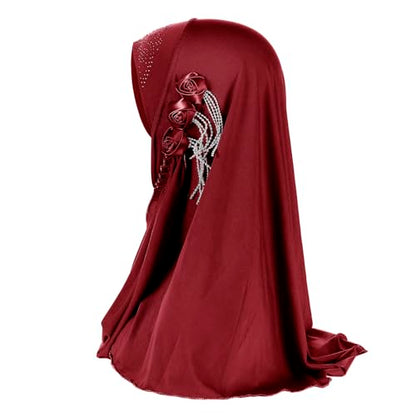 Women Soft One Piece Hijab Long Muslim Turban Islamic Full Head Scarf - color: 3 Flowers/Red