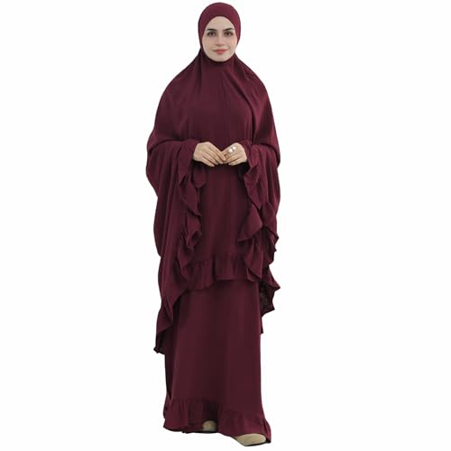 2PCS Women Muslim Prayer Abaya Dress Ruffle Trim Side Pockets with Khimar - color: Wine Red, size: Large
