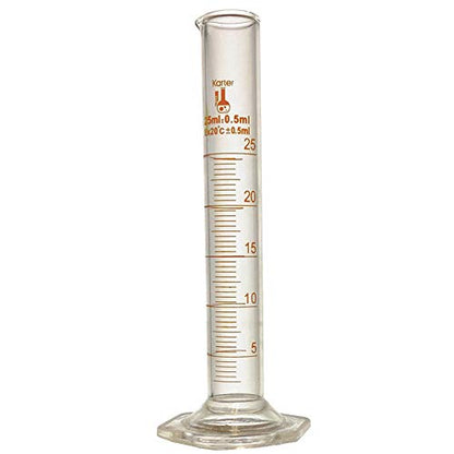 25ml Graduated Cylinder, Borosilicate 3.3 Glass, Single Metric Scale, Class B, Karter Scientific 246G7 (Pack of 2) - size: 25ml, style: Pack of 2