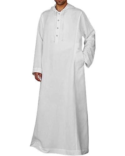 Jacansi Men's 65% Cotton 35% Linen Hooded Kaftan, Long Sleeve Button Down Thobe, Loose Casual Gown with Pockets - color: White, size: XX-Large