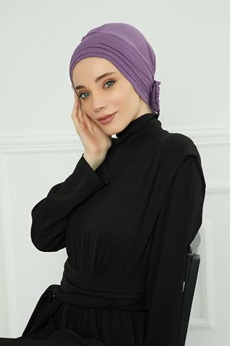 Aisha's Design Instant Turban Head Wraps for Women, Combed Cotton Scarf Lightweight Pre tied Hijab with Back Rose Detail - color: Purple