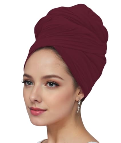 vabovin Head Wraps for Black Women Stretch Jersey Knit Turban Headwrap Solid Color Headscarf Headband Shawl - color: 32- Wine Red