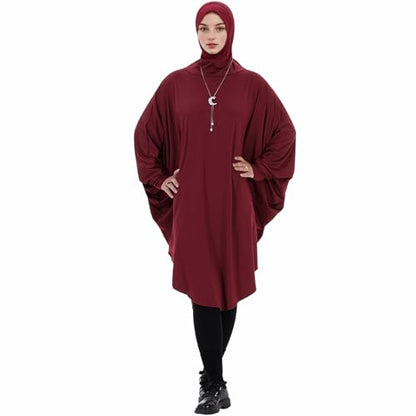 Muslim Abaya Dress for Women Highly Stretchy Batwing Hooded Prayer Hijab - color: Wine Red, size: Medium