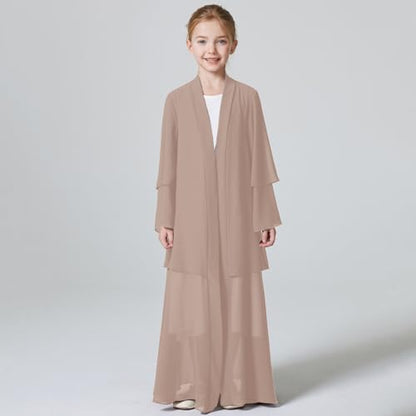 Kids Abaya Dress for Girls Muslim Dress with Hijab Chiffon Layered Open Front Cardigan Ramadan Eid Kaftans Dubai Outfit - color: Light Brown, size: 5-6 Years