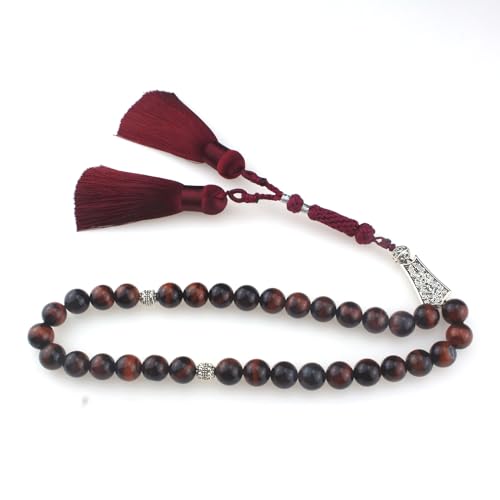 Muslims Islamic Dhikr Tasbeeh Tasbih Prayer Beads, 33 Red Tiger Eye Stone Beads with Tassel
