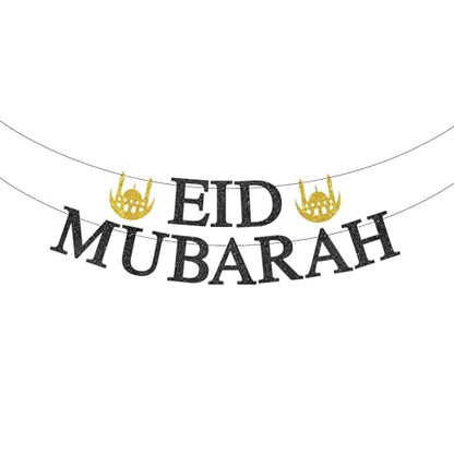 Eid Mubarak Banner - Happy Eid Decor, Ramadan Mubarak Decor, Muslim Islamic Eids Festival Party Decorations Gold Glitter