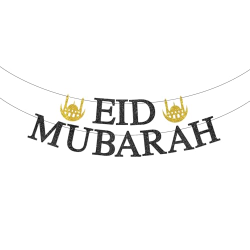 Eid Mubarak Banner - Happy Eid Decor, Ramadan Mubarak Decor, Muslim Islamic Eids Festival Party Decorations Gold Glitter