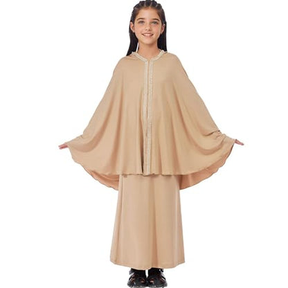 Lenmipot Kids Jilbab 2pcs Abaya Girls Muslim Prayer Dress Kids Eid Full Cover Abaya Dress Set Islamic Prayer Jilbab for Girl - color: Khakia, size: 9-10 Years
