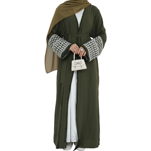 Muslim Abayas for Women Long Sleeve Embroidered Open Front Cardigan Turkey Dubai Maxi Kaftan Dress Ramadan Kimono with Belt - color: Army Green, size: Medium