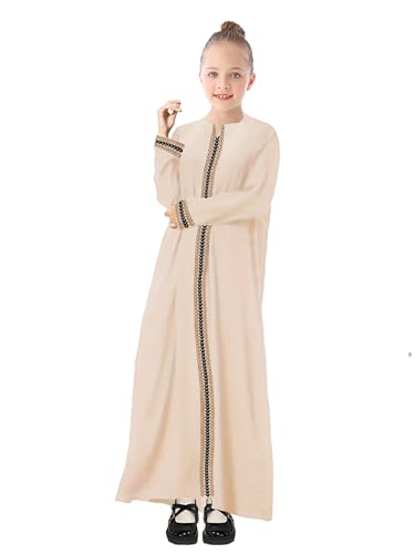 WSPLYSPJY Kids Girls Gold Embroidered Muslim Dress Abaya Long Sleeve Eid Robe Prayer Clothes - color: Light Khaki, size: 5-6 Years