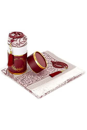 ihvan online Muslim Prayer Rug and Prayer Beads with Elegant Design Cylinder Gift Box, Janamaz, Soft Sajadah, Islamic Gifts Set, Portable Prayers Carpet Mat, Taffeta Fabric, Burgundy - color: Burgundy