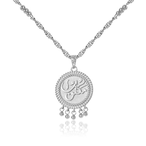 "Maktub Vintage Arabic Coin Necklace- 18k Gold Plated Stainless Steel Adjustable Chain Spiritual Jewelry Gift for Women Her Birthday Anniversary Wedding Arabic Calligraphy - color: Steel