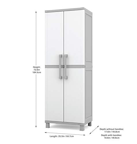 Keter Storage Cabinet with Doors and Shelves for Laundry Room, Garage, Bathroom Accessories, Closet and Home Organization, White & Grey