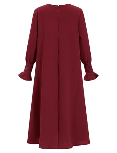 IDOPIP Muslim Dress for Girls Islamic Prayer Abaya Smocked Long Sleeve Kaftan Robe Dresses with Hijab Ramadan Dubai Outfits - color: Wine Red, size: 3-4 Years
