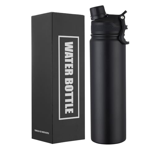 Insulated Water Bottle 24oz, Stainless Steel Double Wall Vacuum Sports Flask with 2-in-1 Straw & Chug Lid, BPA-Free, Leak Proof, Keeps Cold 24H for Travel Gym School - color: Black 750
