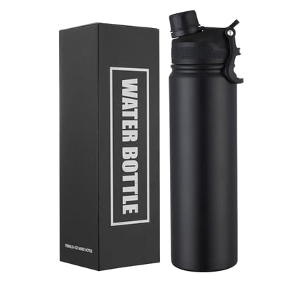 Insulated Water Bottle 24oz, Stainless Steel Double Wall Vacuum Sports Flask with 2-in-1 Straw & Chug Lid, BPA-Free, Leak Proof, Keeps Cold 24H for Travel Gym School - color: Black 750