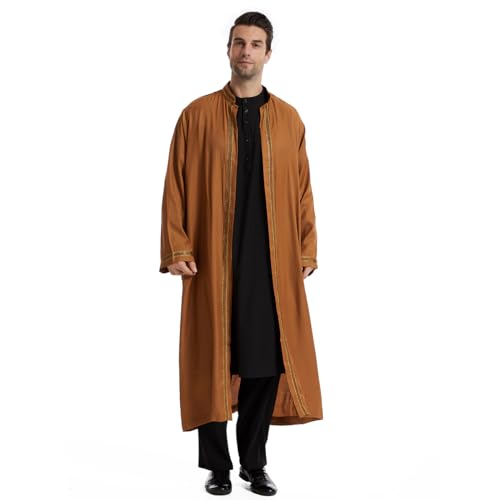 Qianliniuinc Thobe for Men Abaya Islamic Clothing - Muslim Kaftan Dubai Arabic Robe Loose Fit Casual Prayer Wear - color: Camel, size: Small