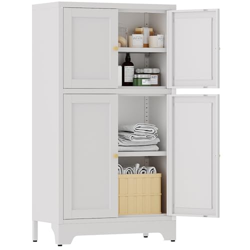 YAUWOH White Bathroom Floor Cabinet, Metal Storage Cabinet with 2 Adjustable Shelves & 4 Doors,Freestanding Sideboard for Dining Room,Living Room, Home Office - color: White, size: 4Doors-40"H