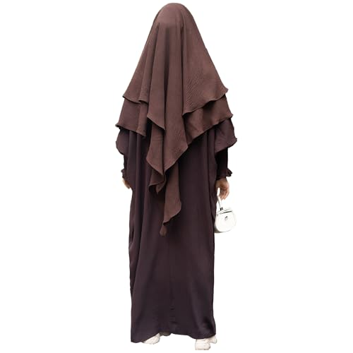 khalat Womens Muslim Prayer Dress Front Zipper Kaftan Islamic Robe Modest Solid Abayas for Women Muslim - color: Dark Coffee+hijab