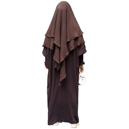 khalat Womens Muslim Prayer Dress Front Zipper Kaftan Islamic Robe Modest Solid Abayas for Women Muslim - color: Dark Coffee+hijab