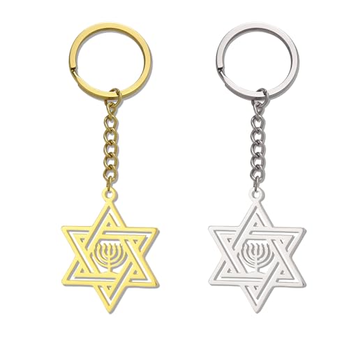 VASSAGO Star of David Keychain for Women Men Jewish Star Menorah Keyring - color: Gold+silver