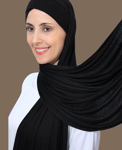 Instant Jersey Cotton Hijab Scarf for Women, Non-See Through Tieback Muslim Head Scarf - color: Black