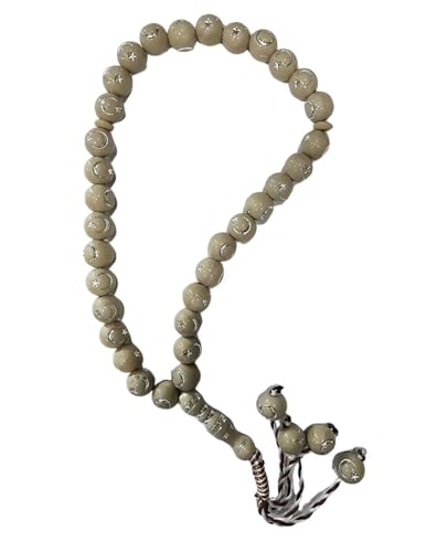 Muslim Bead Tasbih 33 Rosary AMN-277 Islam Prayer dhikr Misbaha with Moon Star Engraved on Islamic Religion Eid Ramadan Gift (Light Brown) - color: Light Brown