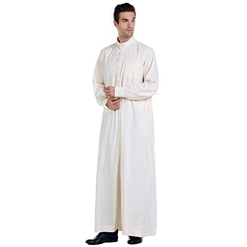 Islamic Mens Clothing Kaftan Maxi-Muslim Male Shirt Long Sleeve Abaya Dubai Cotton… - color: Beige-a, size: Small