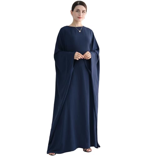Muslim Abaya Dress Women Middle East Arabian Prayer Robe Batwing Maxi Kaftan Abaya Dress with Hijab - color: Navy