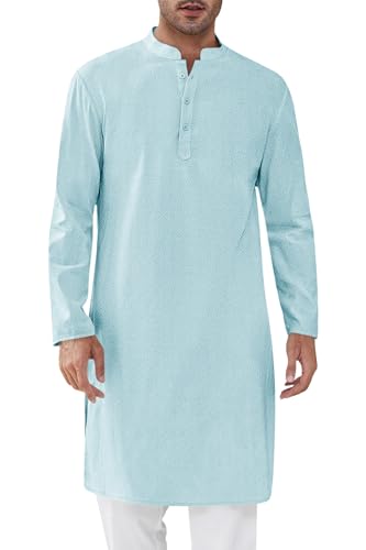 Runcati Mens Kaftan Thobe Textured Henley Shirt Long Sleeve Robe Casual Muslim Gown Shirt - color: Sky Blue, size: Medium