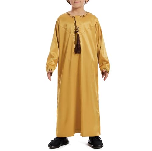 Boys Muslim Clothing Kids Prayer Outfits Long Sleeve Eid Dresses Embroidered Thobe Solid Color Crewneck Arabic Abaya - color: Yellow, size: 11-12 Years