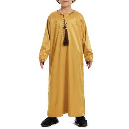 Boys Muslim Clothing Kids Prayer Outfits Long Sleeve Eid Dresses Embroidered Thobe Solid Color Crewneck Arabic Abaya - color: Yellow, size: 11-12 Years