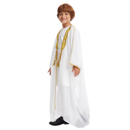 IWEMEK Kids Abaya Arabic Thobe for Boys Muslim Robes Islamic Prayer Clothes Embroidered Chiffon Kaftan Cardigan Dubai Thobe - color: White, size: 4-5T