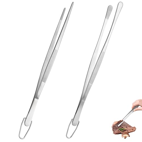 U-Taste Kitchen Cooking Tweezers, 18/8 Stainless Steel Tongs Set of 2, 12in | Food-Grade Metal Food Tongs Set, Seamless-Welding, Long Professional Chef Tweezer for Plating Serving Grilling Frying Feeding