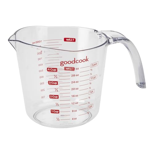GoodCook Everyday 4-Cup Liquid Measuring Cup, Clear Plastic with Easy-to-Read Markings, Tapered Pour Spout, Comfortable Handle, Measures in Cups, Ounces, Pints, and Milliliters - color: Clear & Red, size: 4-Cup