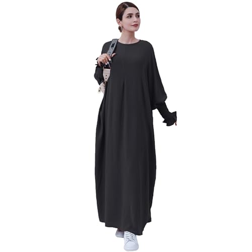 khalat Womens Muslim Prayer Dress Front Zipper Kaftan Islamic Robe Modest Solid Abayas for Women Muslim - color: Black