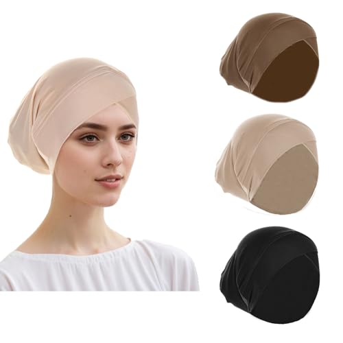 PURFUN 3 Pcs Muslim Inner Hijab Caps Women Solid Color Under Hijab Caps Stretchy Breathable Full Cover Undercap Tube Bonnet - color: Black+khaki+beige