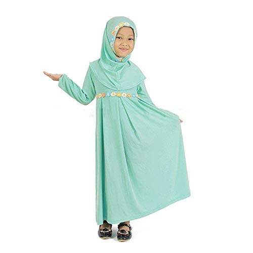 Toddler Baby Girls Muslim Prayer Dress Abaya with Floral Hijab 2pcs Islamic Long Skirt Eid Outfits Arabic Dubai Maxi Dress - color: Green, size: 3-4T