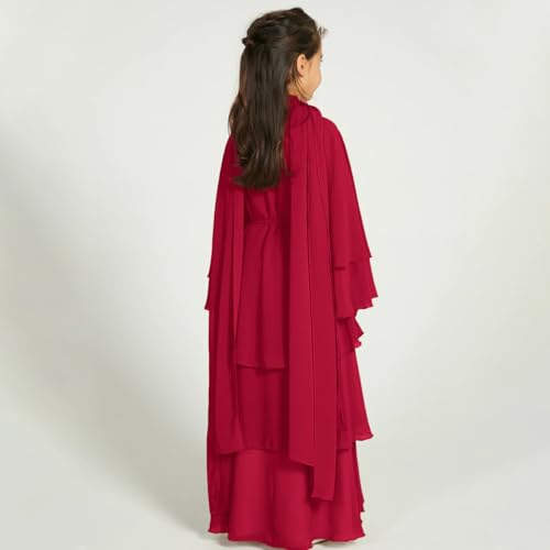 Chiffon layered Open Abaya Dubai Kaftan Muslim Cardigan Abayas Dresses For Girls Casual Robe Kimono Islam Clothing - color: Claret, size: 11-12 Years