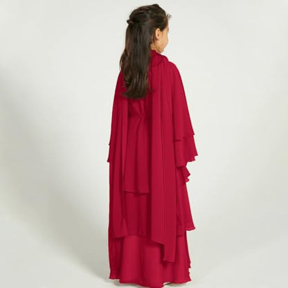 Chiffon layered Open Abaya Dubai Kaftan Muslim Cardigan Abayas Dresses For Girls Casual Robe Kimono Islam Clothing - color: Claret, size: 11-12 Years