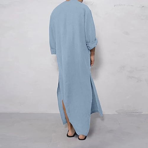 Muslim Thobe for Men Button Down Kaftan Long Sleeve Long Gowns Solid Sleep Shirts Robes with Pockets Side Split - color: Blue, size: Small