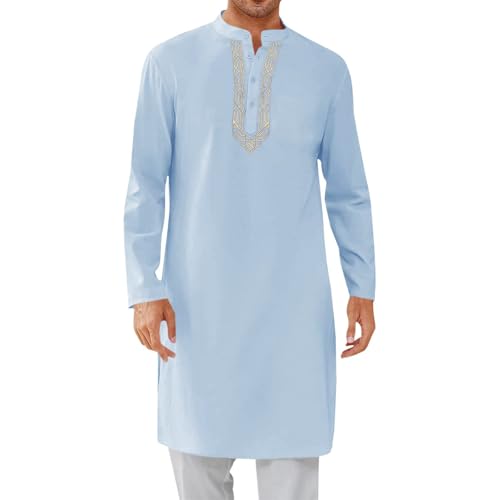 Linen Muslim Gown Shirt for Mens Loose Long Sleeve Casual Henley Shirts Kaftan Thobe Button Down Long Robes - color: Blue, size: Medium