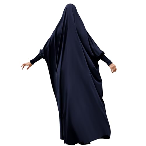 IDOPIP Muslim Abaya for Women One Piece Long Sleeve Islamic Prayer Dress with Hooded Hijab Maxi Kaftan Robe Modest Clothes - color: Navy Blue