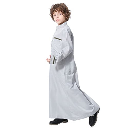 IDOPIP Kids Boys Muslim Thobe Islamic Arabic Kaftan Robe Loose Middle East Prayer Thobes Dress Modest Clothes with Pockets - color: Gray, size: 4-5T