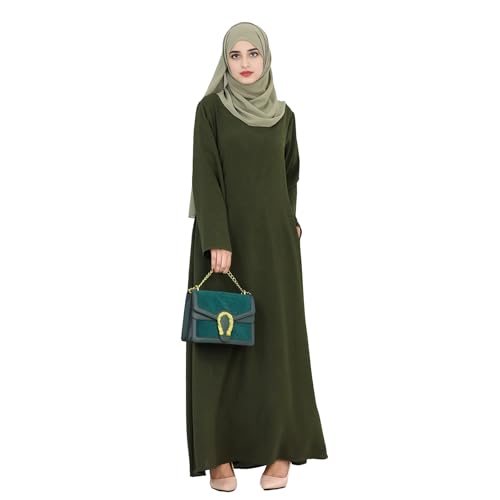 Women Abaya Muslim Dress Long Sleeve Modest Prayer Maxi Kaftan Islamic Clothes with Pockets - color: Army Green, size: Small