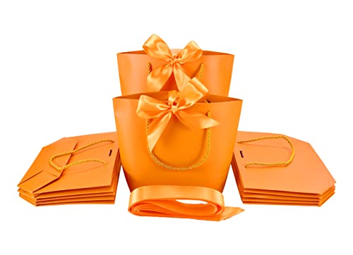 HUAPRINT Small Gift Bags with Handles, Orange, 12 Pack, 7.48×3.54×7.9 IN | Party Favor Paper Bags with Bow Ribbon for Birthday, Wedding, Bridesmaid, Holiday , Shopping, Presents - color: Orange