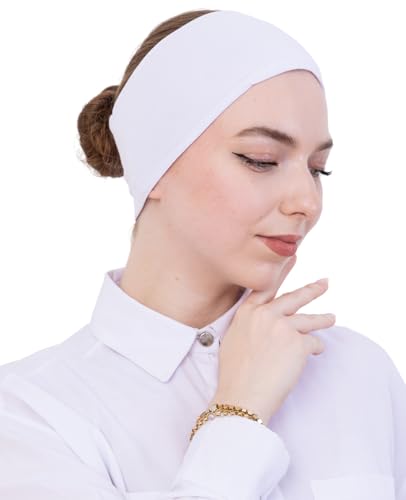 Prien Women Cotton Hijab Cap, Stretchy Head Cover, Pre-Sewn Inner Muslim Scarf Undercap, Non Slip Headband for Daily Wear - color: White