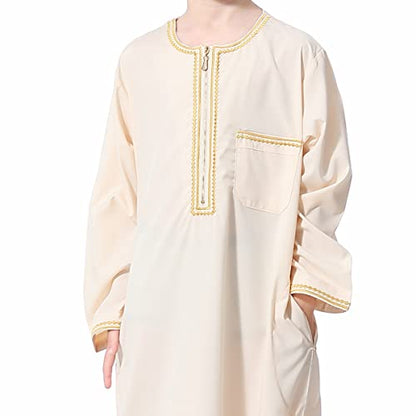IDOPIP Muslim Boys Thobe for Kids Islamic Arabic Middle East Loose Kaftan Robes Long Zipper Prayer Thobes Dress with Pockets - color: Beige - Zipper, size: 5-6 Years