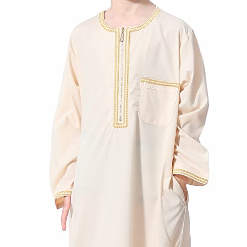 ODIZLI Arabic Thobe Muslim Thobe Long Sleeve Kaftan Crew Collar Robe with Zipper for Boy - color: Beige, size: 13-14 years