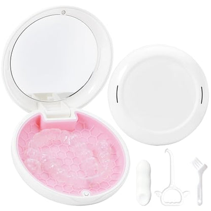 Retainer Case Slim Aligner Case with Vent Holes Removable Inner Tray Silicone for Easy Cleaning, Retainer Removal Tool and Brush (White Pink) - color: White Pink
